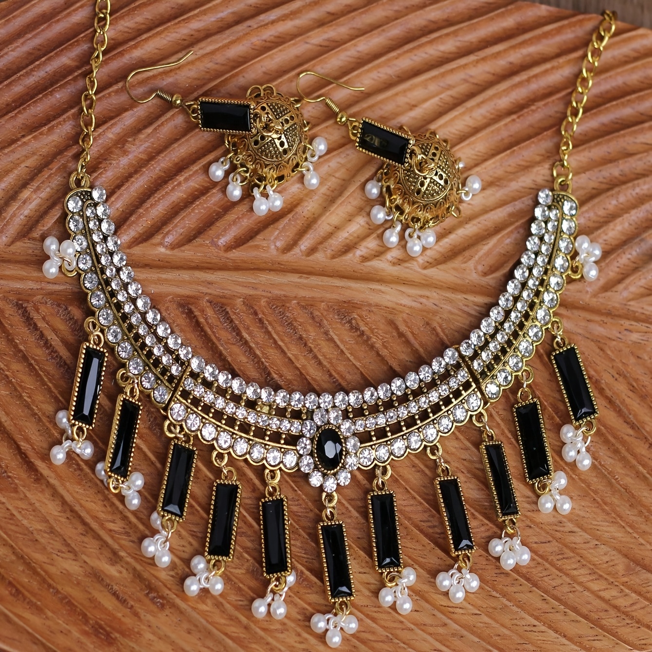 Vintage Golden Tone Black Choker & Bell Drop Earrings Set